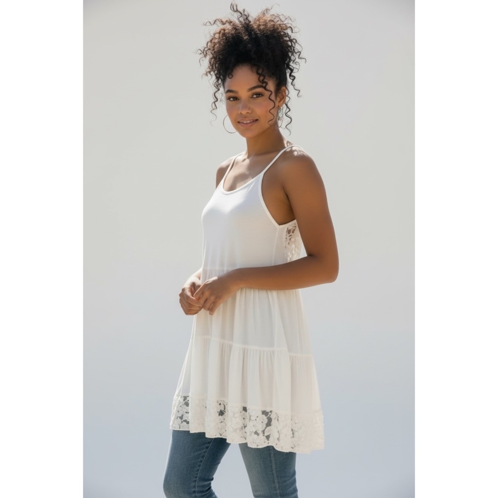 POL Ivory Lace Trimmed Tiered Tunic Top | Sleeveless Open Back Tank Top - Picture 3 of 6